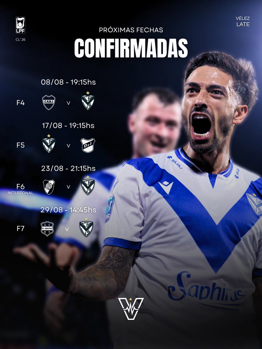 VelezLate's tweet photo. ✅ PRÓXIMAS FECHAS PARA VÉLEZ

🔜 Fecha 4
🆚 Boca (V)
📆 Sábado 8/8
🕢 19.15hs

🔜 Fecha 5
🆚 Defensa y Justicia (L)
📆 Lunes 17/8
🕢 19.15hs

🔜 Fecha 6
🆚 River -Interzonal- (V)
📆 Domingo 23/8
🕤 21.15hs

🔜 Fecha 7
🆚 Deportivo Riestra (V)
📆 Sábado 29/8
🕒 14.45hs

🏆 Además, entre estos partidos, #Vélez volverá a enfrentar a Boca Juniors por los octavos de final de la Copa Argentina.