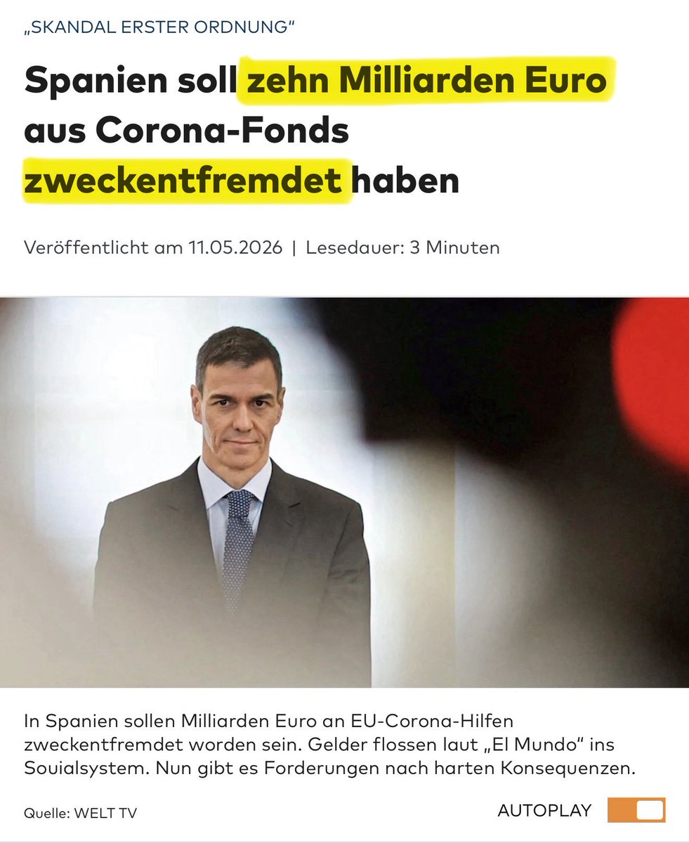 Georg_Pazderski's tweet photo. WAS FÜR EIN ÜBLER HEUCHLER!

Sánchez wirft EU-Ländern egoistisches Verhalten vor, weil sie ihre Grenzen schützen.

Ein EGOIST und BETRÜGER fühlt sich im Stich gelassen, der 
❌ über 1 Mio. illegale Migranten legalisiert hat,
❌ 60.000 Marokkaner tatenlos in CEUTA einmarschieren ließ,
❌ 7.000 ‚umJ’ naturalisieren will,
❌ über 10 Mrd. € aus dem EU-Aufbaufonds veruntreut hat,

Sánchez ist eine Gefahr für Europa!