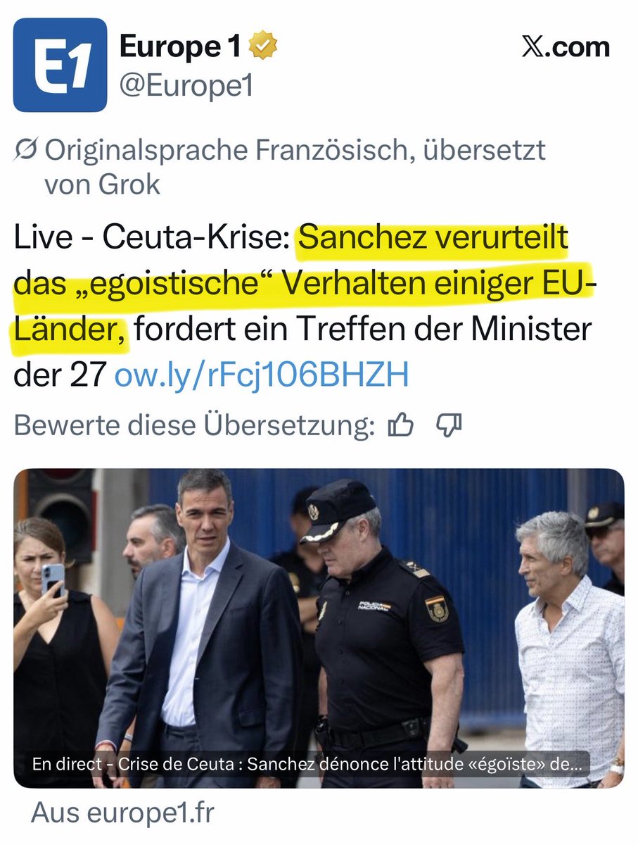Georg_Pazderski's tweet photo. WAS FÜR EIN ÜBLER HEUCHLER!

Sánchez wirft EU-Ländern egoistisches Verhalten vor, weil sie ihre Grenzen schützen.

Ein EGOIST und BETRÜGER fühlt sich im Stich gelassen, der 
❌ über 1 Mio. illegale Migranten legalisiert hat,
❌ 60.000 Marokkaner tatenlos in CEUTA einmarschieren ließ,
❌ 7.000 ‚umJ’ naturalisieren will,
❌ über 10 Mrd. € aus dem EU-Aufbaufonds veruntreut hat,

Sánchez ist eine Gefahr für Europa!