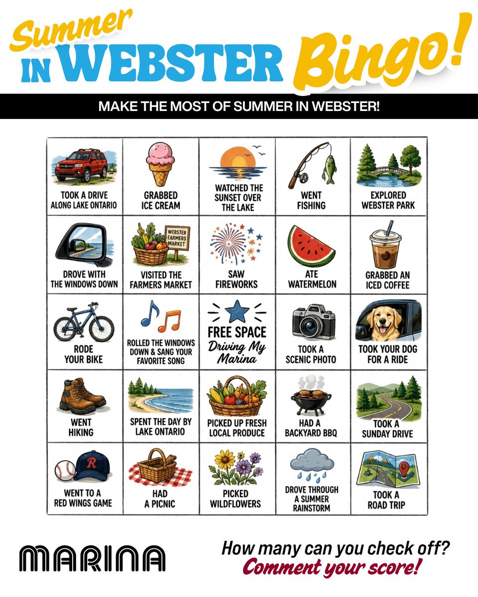 MarinaAutoGroup's tweet photo. ☀️ How many squares can you check off this summer? 🌊

Play along and tell us your score in the comments! 👇

📍943 Ridge Rd, Webster, NY 14580
📞(585) 671-3000

#WebsterNY #SummerInWebster #Marina https://t.co/8VS7r8dvhb