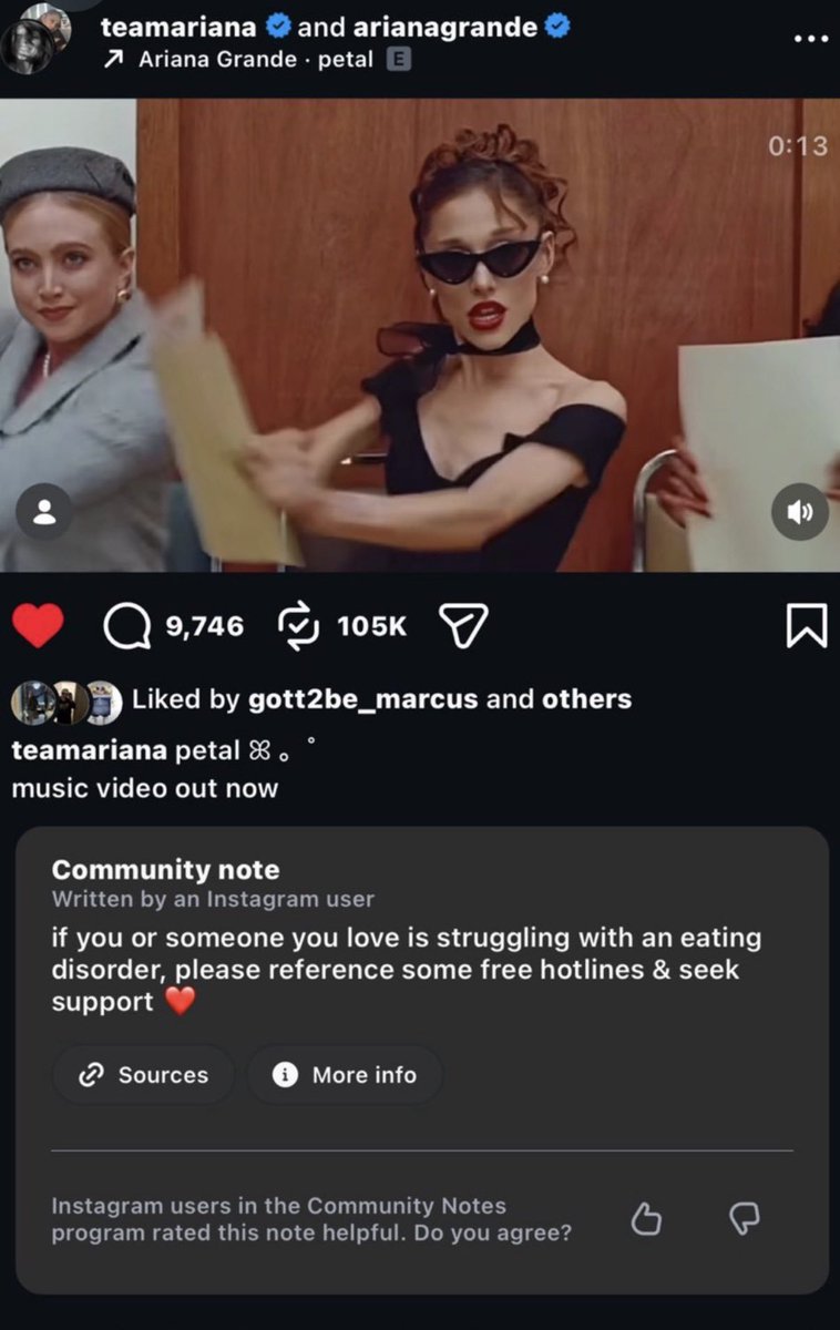 poptime's tweet photo. Instagram adiciona nota da comunidade em vídeo da equipe de Ariana Grande sobre o clipe de 'petal':

"se você ou alguém que você ama está enfrentando um transtorno alimentar, procure linhas de apoio gratuitas e busque ajuda ❤️" https://t.co/PUIQGbX6sx