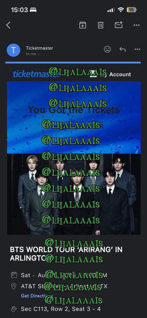 lhalaaais's tweet photo. Looking to wtt/wts

 #BTS lower bowl ticket in Arlington ,TX AT&amp;T Stadium - Day- 1

WTT: WTS Aug 15 

#BTS_WORLDTOUR #BTS_ARİRANG #WTB #WTT https://t.co/4NlDZsJRwd