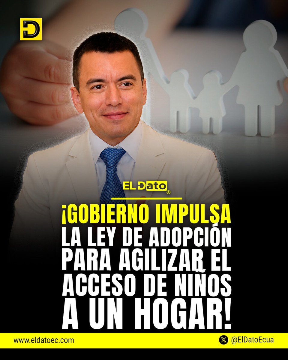 ElDatoEcua's tweet photo. #Urgente ¡GOBIERNO IMPULSA LA LEY DE ADOPCIÓN PARA AGILIZAR EL ACCESO DE NIÑOS A UN HOGAR!

La Ley de Adopción busca reducir las demoras injustificadas, simplificar los procedimientos y mantener controles que garanticen procesos seguros, priorizando el interés superior de niñas, niños y adolescentes.

La iniciativa plantea que la infancia no permanezca detenida entre trámites y oficinas, permitiendo que más menores en situación de vulnerabilidad puedan integrarse oportunamente a un entorno familiar.

Su futuro no puede esperar.

#ElDato #Ecuador #LeyDeAdopción #Niñez #Familia