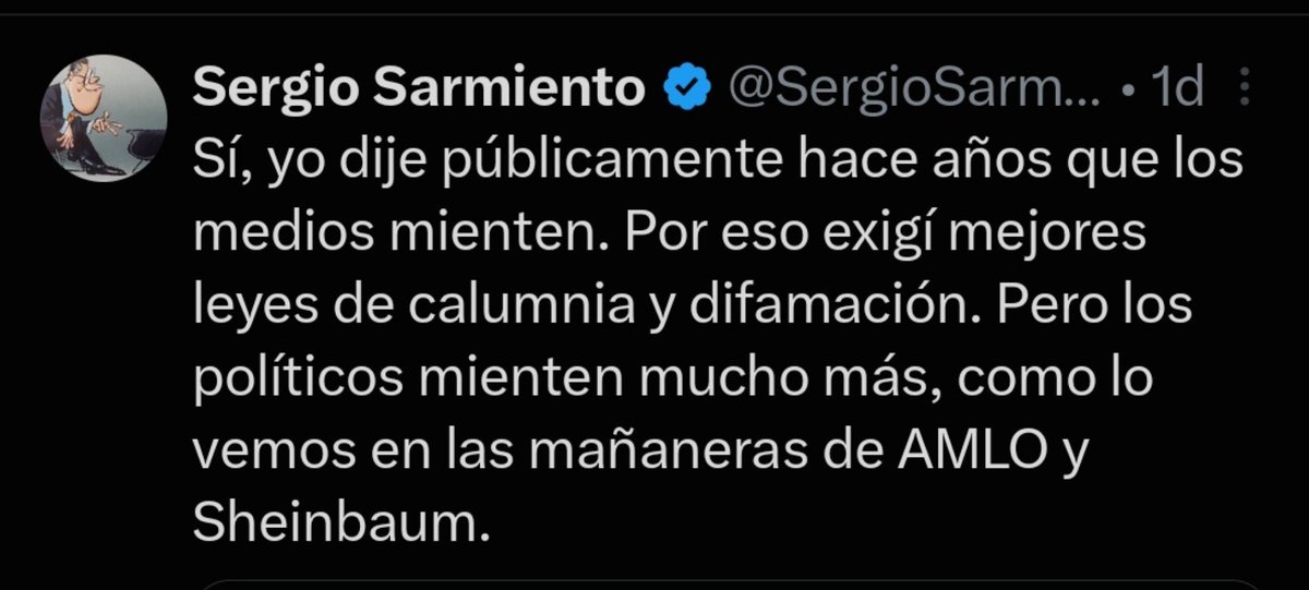 Mike_Oviedo's tweet photo. Ante la reaparición de un video en el que @SergioSarmiento reconocía que los medios mienten, su respuesta fue: "Sí, mentimos, pero los políticos mienten más". 

El cinismo con el que concibe el periodismo consiste en normalizar la mentira y trasladar la culpa a otros. https://t.co/3LsZgCn3ac