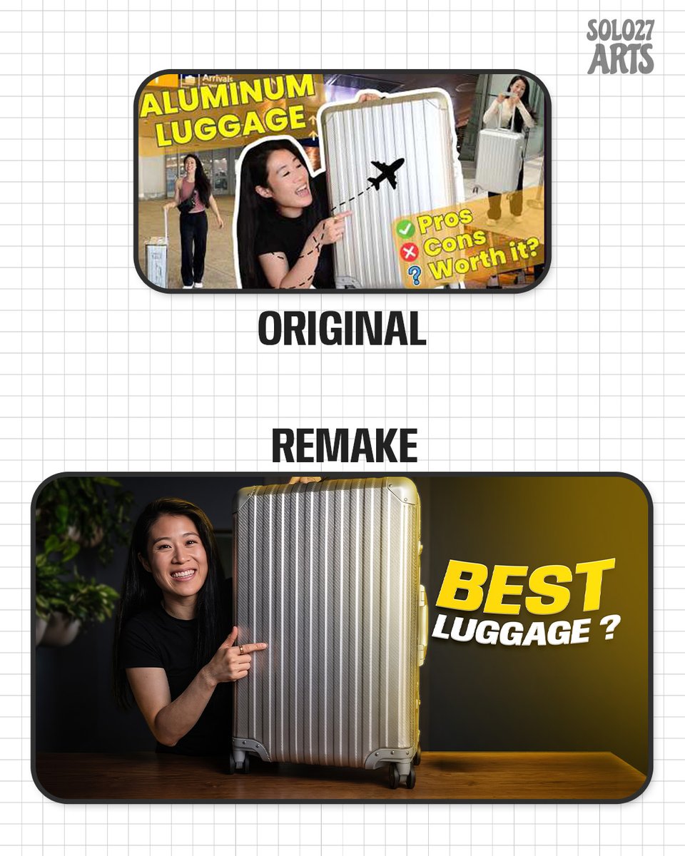 solhalloun27's tweet photo. Before → After 🎨

A thumbnail redesign concept for a luggage review.

My focus:
• Cleaner composition
• Stronger visual hierarchy
• Better mobile readability
What would you improve?  #thumbnaildesign https://t.co/xTB25HoW1O