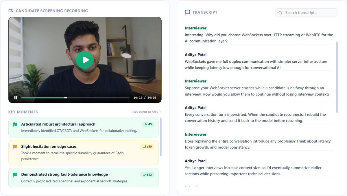 va18hav_k's tweet photo. Interviu is live✅
It reads your JD, stack, and architecture, then runs a live adaptive technical screening — every score in the report links back to the exact transcript moment that justifies it.
Interviu: https://t.co/ZOrcBJhFYo
#AIhiring #TechRecruiting #HRTech #SaaS https://t.co/TInuFTZBeA