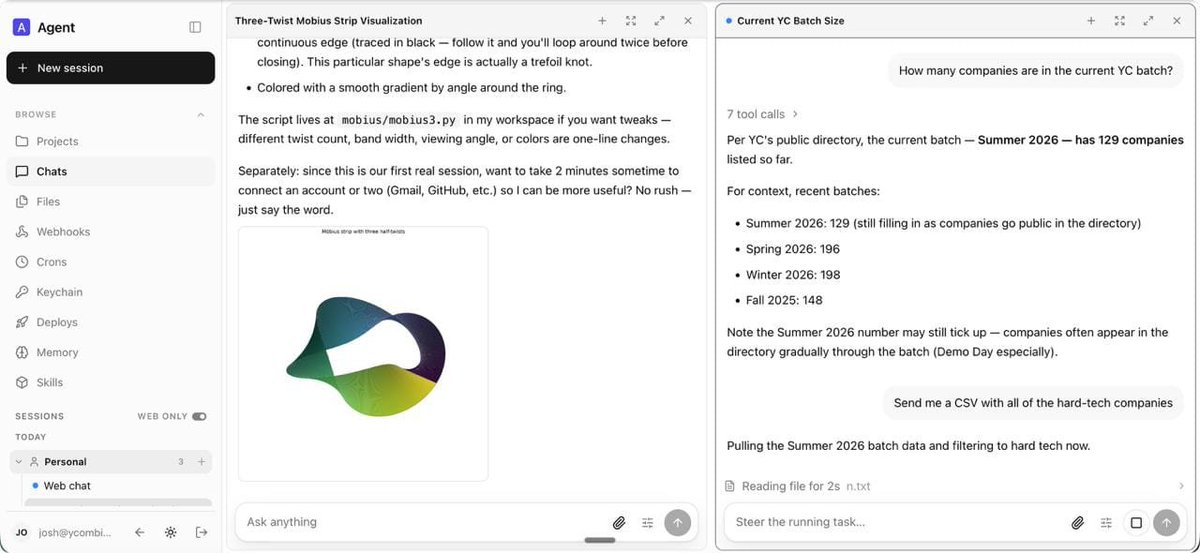 QM interface showing a shared agent workspace with chats, files, webhooks, crons, keychain, deploys, memory, skills, and a task running against current YC batch data