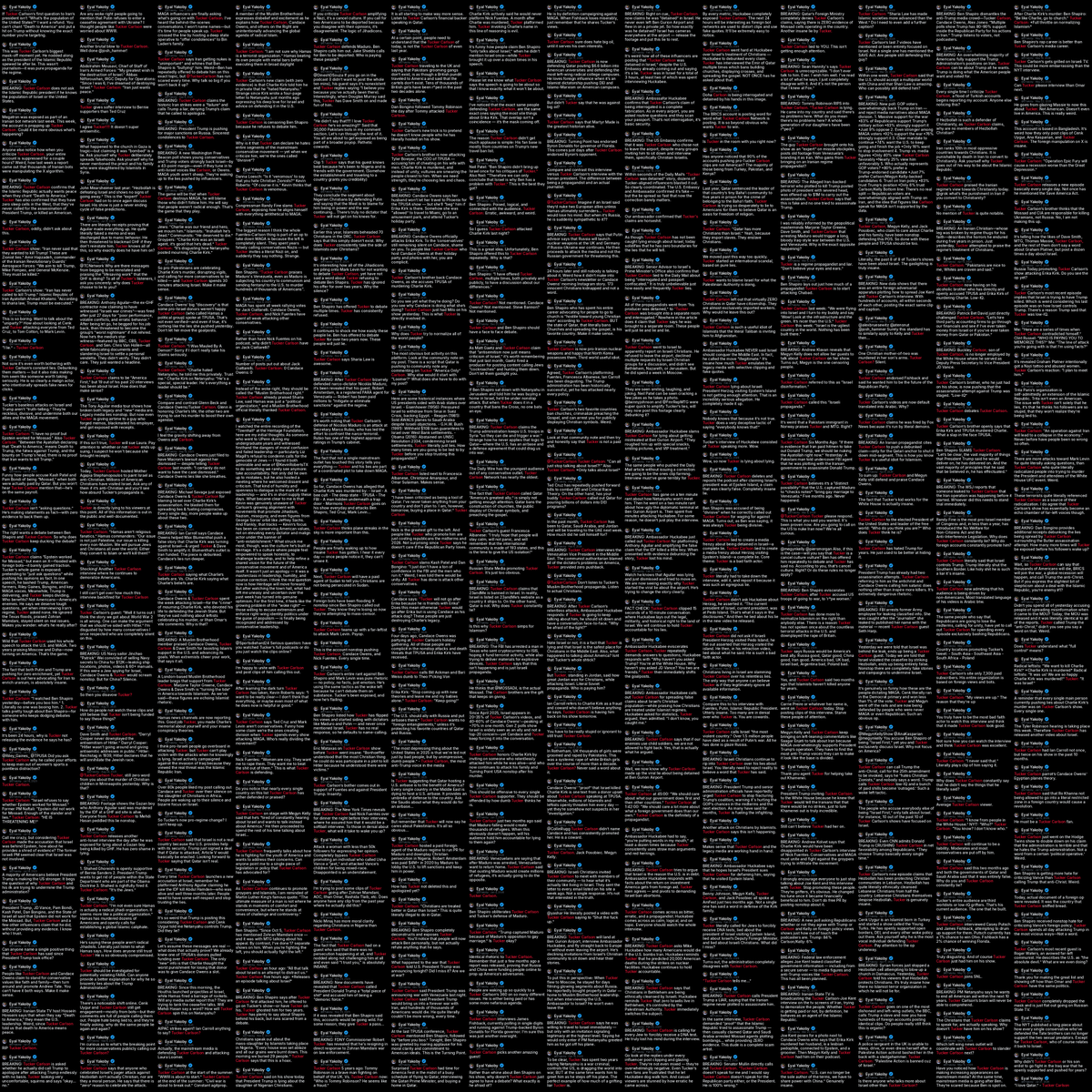 Wallface's tweet photo. Eyal Yakoby made 2,093 posts about Tucker Carlson in 14 months, with spikes whenever Carlson questioned Israel. One posting spree lasted 30 hours without a single break.
Here is every single one. https://t.co/TWfrDI8i5d