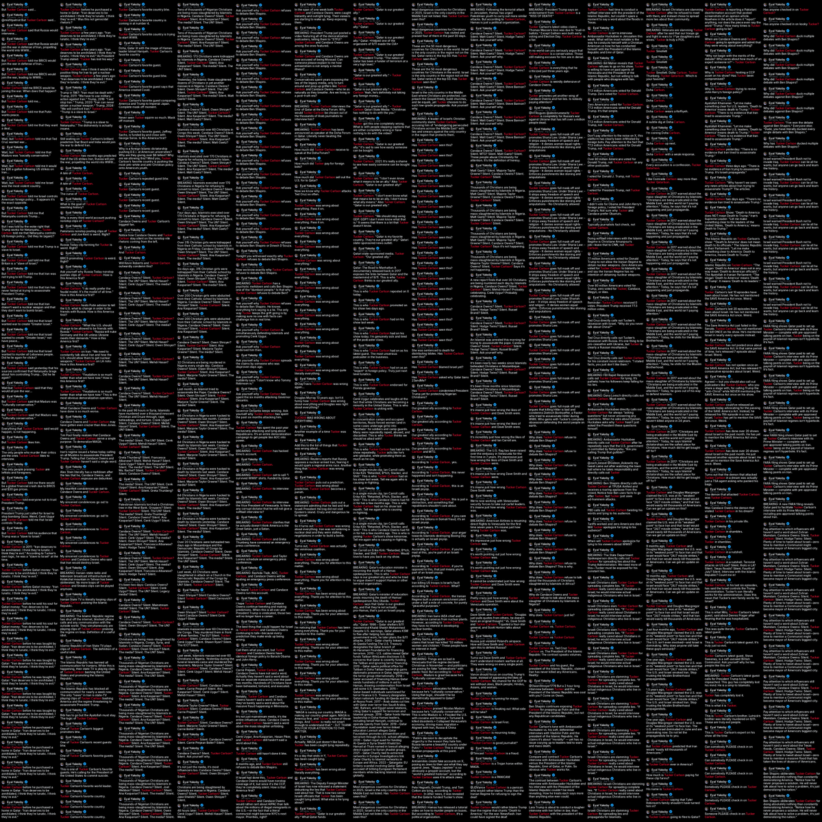Wallface's tweet photo. Eyal Yakoby made 2,093 posts about Tucker Carlson in 14 months, with spikes whenever Carlson questioned Israel. One posting spree lasted 30 hours without a single break.
Here is every single one. https://t.co/TWfrDI8i5d