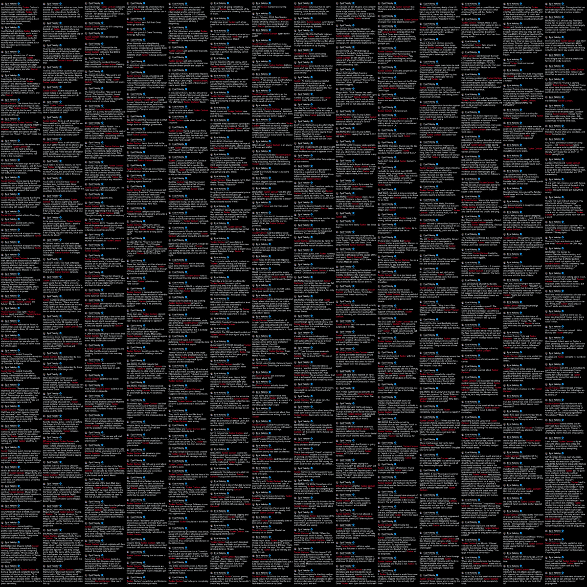 Wallface's tweet photo. Eyal Yakoby made 2,093 posts about Tucker Carlson in 14 months, with spikes whenever Carlson questioned Israel. One posting spree lasted 30 hours without a single break.
Here is every single one. https://t.co/TWfrDI8i5d