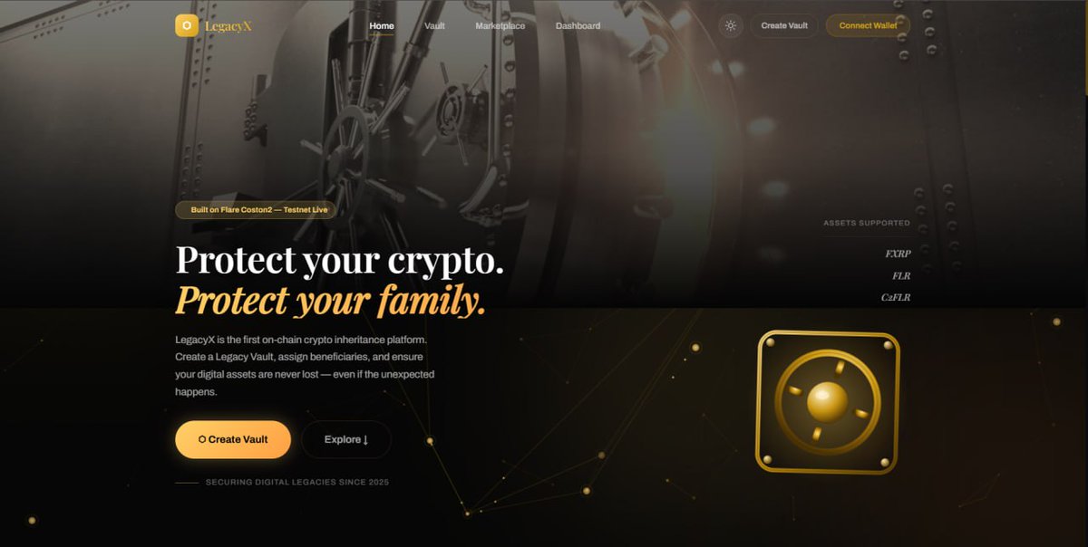 Hacklegendss's tweet photo. Your legacy shouldn't disappear because you did.

What if you could pass down digital assets, ownership, and value, without relying on a middleman?

That's what we're building with LegacyX for @FlareNetworks hackathon 

Your legacy.
On-chain.
Built to last. https://t.co/DvRAvdNhQC