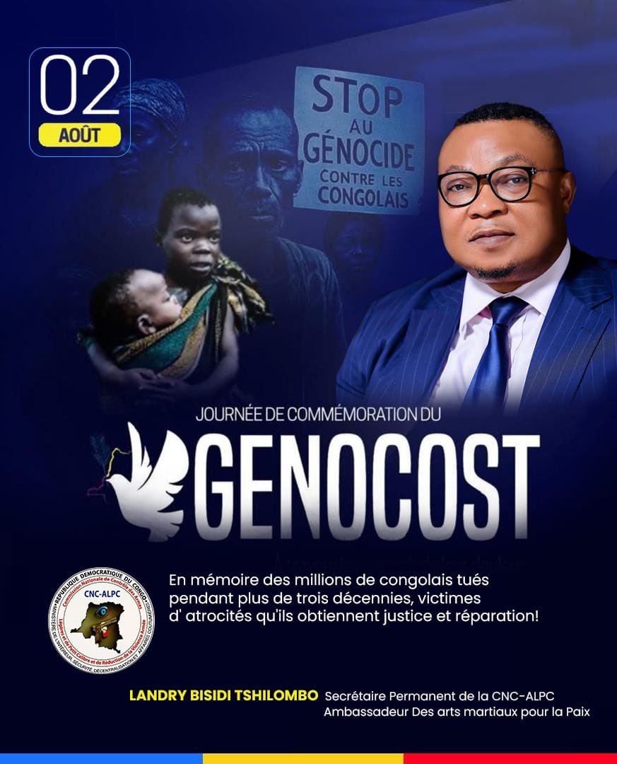 CNCALPC's tweet photo. GENOCOST !
En cette date funeste de 2 août, et face à l'indifférence, notre engagement est inébranlable : "Plus jamais ça" !
Nous exigeons la reconnaissance internationale de ce génocide économique. La paix définitive ne s'obtiendra que par la justice.

Landry BISIDI TSHILOMBO, 
Secrétaire Permanent CNC-ALPC