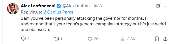 Genius_Parks's tweet photo. Does this include doxing private citizens & sending someone out to their personal residence to intimidate them over a meme they didn't like? Because that's what happened to me on Friday @JasonWeidaFL @RonDeSantis @CaseyDeSantis. 

This idea that someone other than a campaign operative can't be passionate about where they stand on a candidate is ridiculous. I also find it ironic that the same people who misconstrue Jay's "You don't have a right to harm people with your words" are the ones taking action that is anti-1A because they have a problem with the criticisms I've raised. 

Now I've got nothing to hide because I haven't done anything wrong. If I choose to reveal more about who I am, that's MY choice, not some passed-out drunk's in the EOG. 

Have I been critical of the Governor? Absolutely! Last February when Donalds entered the race we were told Ron had a plan to start funding real conservatives for this upcoming cycle to challenge the RINOs that were trying to set us back to pre-2018 . We were teased with a potential Casey candidacy. It never materialized. It left many people dumbfounded as to how there wasn't a successful succession plan in place given all the time to make it happen. 

Then in August, Ron appointed Jay Collins the Lt. Gov. Many took that as a sign that this was the succession plan. Especially after Ron knee-capped Paul Renner's campaign launch as DOA.

And then sometime around October, in what can only be described as the stupidest shit I've ever seen, the EOG went rogue on Jay. This was around the same time Ron tried gathering donor support and they shut him down, and after that happened it's like he just quit on the race. You had @ChristinaPushaw going around the Governor to secretly advise James Fishback, a man so utterly reprehensible given the legitimate accusations of sexual assault of minors & his anti-Israel, antisemitic tripes that I don't even know how someone recovers from that blunder. But her hatred for the Collins is greater than her disdain of Fishback's actions and this should tell you something. My personal opinion is that when the donor cash ran dry they wanted Casey to run b/c she was the one person that could survive a shortage of cash just based on Name ID alone, and they blame Jay's decision to run as the reason Casey didn't, whether true or not. 

But it's clear the EOG has had a personal vendetta against the Collins for months. We've heard it all from "Jay abandoned his first son", "Jay hired John Cardillo", "Jay threatened to shoot Taryn Fiske", "Layla ran burner accounts criticizing the EOG & DeSantis". I mean it's been truly stunning to watch. Documented foreign account bot farms tied to the same Georgian vlogger were set up to attack the Collins 24/7. I asked Bobby Salvador to find an equivalent attack on the Donalds, Renner, or Fishback campaigns, but none exist. It's 100% anti-Jay. Doesn't anyone else find this odd? I mean supposedly the guy is going to get less than 10% and finish 3rd or worse. If true, why take such drastic actions to beat a dead horse? 

So while all this bullshit has been going on, the Governor has remained silent. He's got time to tweet about sports, food, campaign news in other states, but not the state & the race that matters the most. He's made endorsements this cycle including Wilton Simpson which is bizarre since Simpson colluded with the House RINOs to try to strip immigration policy from the Governor's authority & give it to the Ag Comm, which is crazy considering Wilton's on record supporting Driver's Licenses for illegals. 

So in my attempt to get the Governor's attention, I make funny memes. I make them because I care about my state and don't want it to turn into California. The EOG clearly doesn't have the Governor's back & has gone rogue. It is ridiculous that the Governor has not weighed in on this race one way or the other & if he remains silent it will destroy his legacy. MAGA's always going to embrace who Trump tells them to and that will never be Ron. Many Floridians that were trying hard for him in IA in 2024 won't support him again for this cowardice. So then, where's his 2028 base? 

The @GovGoneWild & @JamesUthmeierFL endorsements of Byron Donalds were truly disappointing, but unsurprising. They should know better. Unlike the Governor, staying quiet was an option for them in uncompetitive races. James endorsement of Byron post had a greater than 3-1 ratio. It's sad when our leaders become politicians again and take the political expediency route. I know for a fact as well they were asked to endorse Byron at the Showdown, but knew the backlash it would receive & decided to do it online later in the week.  

I was fortunate to attend one of Jay's events in The Villages back on July 3. Regular people who meet Jay & Layla in person at these events come away impressed and realize right away there's no truth to any of the nonsense the EOG's been spewing. We're also not looking for a perfectionist. We just want someone who isn't going to f-up the state the way we know Byron Doanlds will as a payback to his megadonors. I still find it crazy that candidates not named Trump continue to be held to Pre-2016 perfection standards where one perceived mishap or bad debate is a campaign death knell.

Governor DeSantis still has time to make a difference in this race & endorse Jay, but time is clearly running out. My memes have made it known I'm not happy about his silence, and I'm not the only one. But for someone on his staff to suggest I should be "institutionalized" for expressing that disdain & with how the EOG has conducted itself on taxpayer dime to baselessly attack the sitting Lt. Gov & his wife, and then to be doxed & intimidated for it into backing off  like they did to Reese, well all I have to say is F- that. 

In closing....If you're a Floridian who's a Registered Republican who cares about the future of Florida, please consider supporting Jay Collins in the upcoming Primary. Jay is the one guy in this race that will keep the DeSantis legacy going, whether Ron will publicly admit that or not.  I'd also encourage you to attend an in-person event where you can directly ask Jay any questions you want. I'll repost by experience from the July 3 event in The Villages shortly which solidified my support.  

@RationalPurview @CroakyWasRight @MrsCroaky @BrianHJacobson @GreenspansWager @LivemusicCJ @MadMaxMallorie @thegodmother_GG @GeorgeWept @EllenFL214 @jhaskinscabrera @Mark_McEathron @sarahadams @ChrisLoesch @DLoesch @RMConservative @JessMatchopolis @infl_jm @b @AGHamilton29 @RealFrankFromFL @fineout @MTPerry_Powell @RealHueBarnes @Danielstilwell @KickboxerEsq @EWErickson
