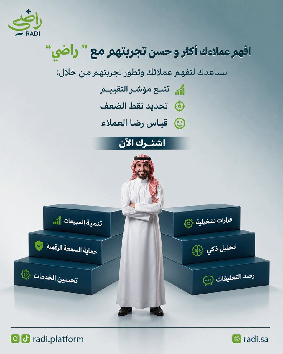 Radi_Platform's tweet photo. مع راضي، تقدر تفهم عملاءك بشكل أعمق✦֍
من خلال تحليلات يومية تساعدك على قراءة المشاعر 📉
تتبّع اتجاهات التقييمات، وفهم أنماط ملاحظات العملاء 📝
اشترك الآن وطوّر تجربتهم  🌟

#راضي
#السعودية
#جوجل_ماب
#تقييمات_جوجل https://t.co/LygDdk6jUa