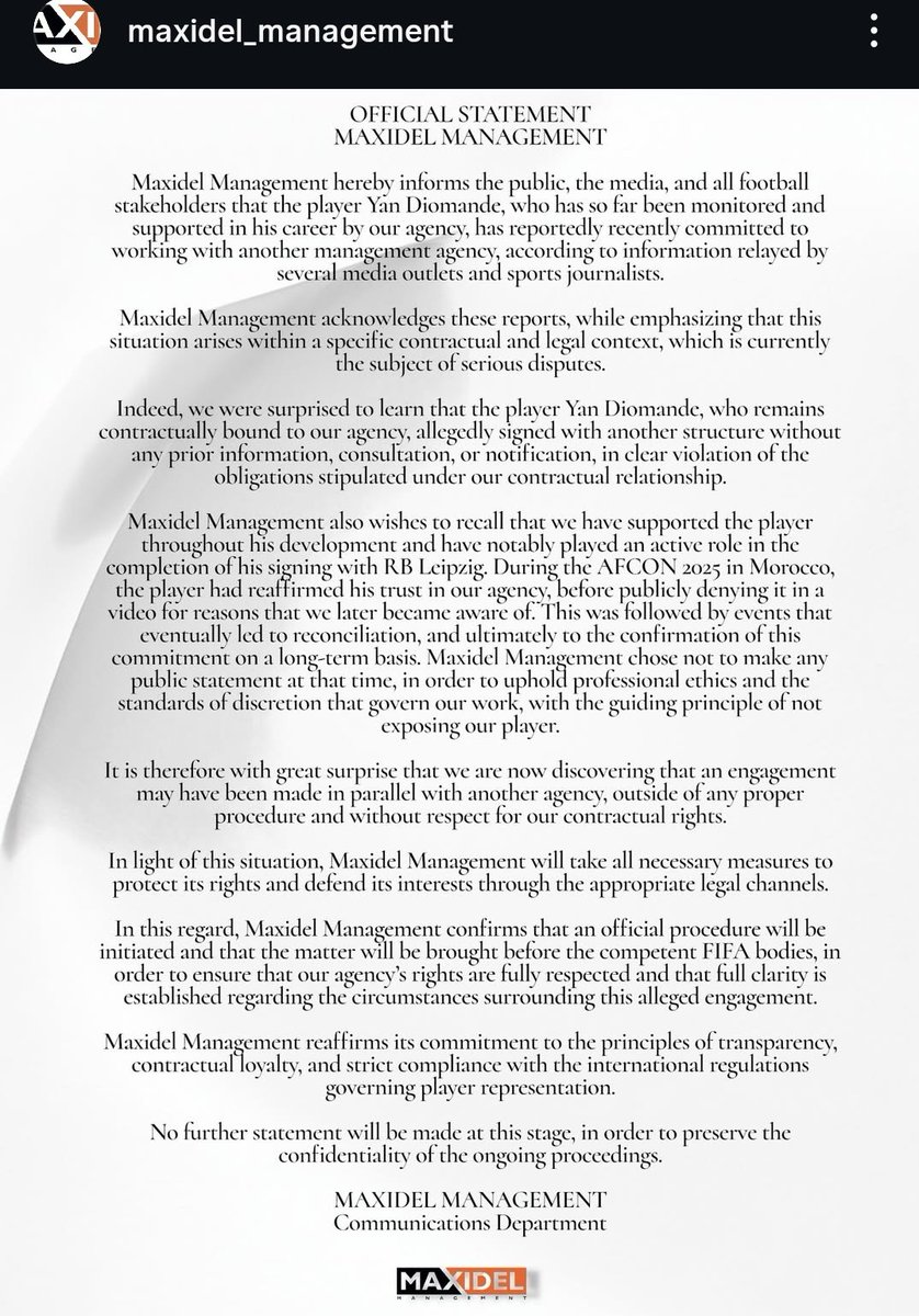 agent88839's tweet photo. @mlktraore Yes, Maxidel have 100% proof they have a written agreement with Yan Diomande (see below statement). He signed it during AFCON this year. A few weeks later he was tapped up by Roc Nation. I hope Maxidel will win but the weight of power is on Roc Nation side. https://t.co/8nNnt5qKJW