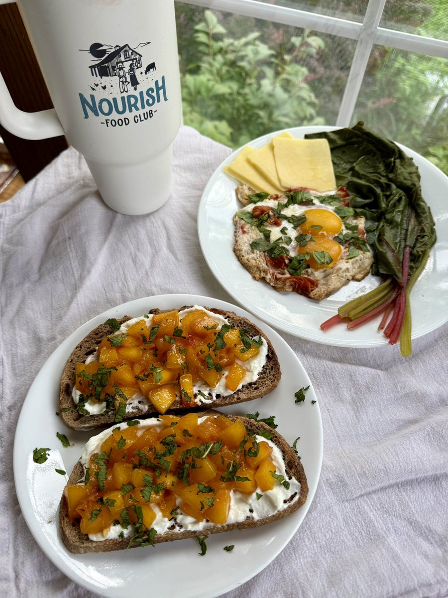 farmer_ash_'s tweet photo. I take breakfast very seriously 

🥖 Heritage wheat sourdough with raw A2 Greek yogurt, a nectarine &amp; fresh mint
🍳 Corn- &amp; soy- free eggs with fresh basil
🌿 Rainbow chard from the garden
🧀 Raw A2 cheese
☕️ Coffee https://t.co/lPr0YOBxbE