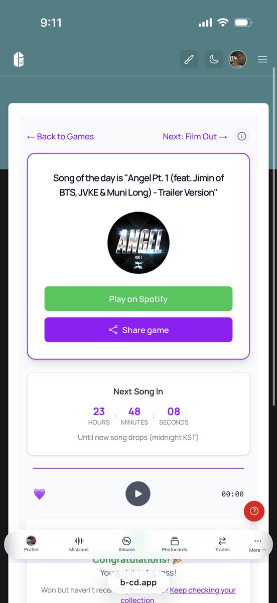 cpymaef's tweet photo. Hola comparto mis resultados de los juegos de https://t.co/xJ4C4fELbu app 💜🎉

BTS Heardle: Angel Pt.1 (feat. Jimin of BTS, JVKE &amp; Muni Long)Trailer Version
Film Out: Rap Monster '농담' MV
Blue &amp; Grey: CRACK
So 4 More:
#bcdapp
#bcdheardle
#filmout
#blueandgrey
#So4more
#TakeTwo https://t.co/GMWr9zKMfa