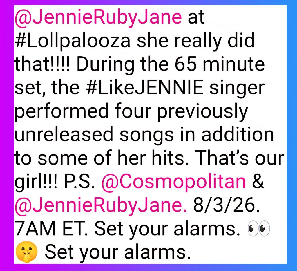 GENIUS9N's tweet photo. Cosmopolitan U.S teases something is coming tomorrow for #JENNIE via IG post

“P.S 8/3/26. 7AM ET. Set your alarm.” https://t.co/fSsAkShfxD