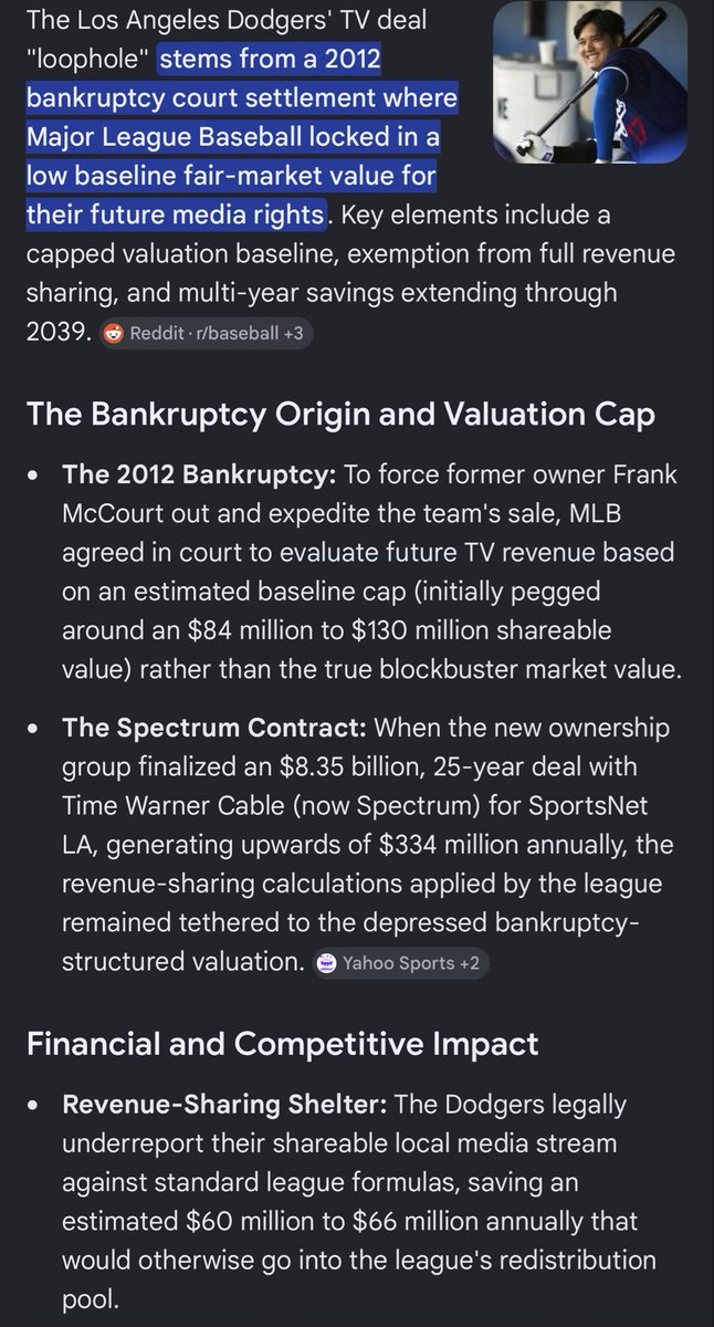AlZeidenfeld's tweet photo. Real talk:

The Dodgers shouldn’t have the structural exception the league gave them back in 2012, but good luck unraveling it since it runs through 2039. 

Like any other legal/binding agreement,what can the league and its lawyers offer to the Dodgers to get them to give it up? https://t.co/LL5SHKFaB6