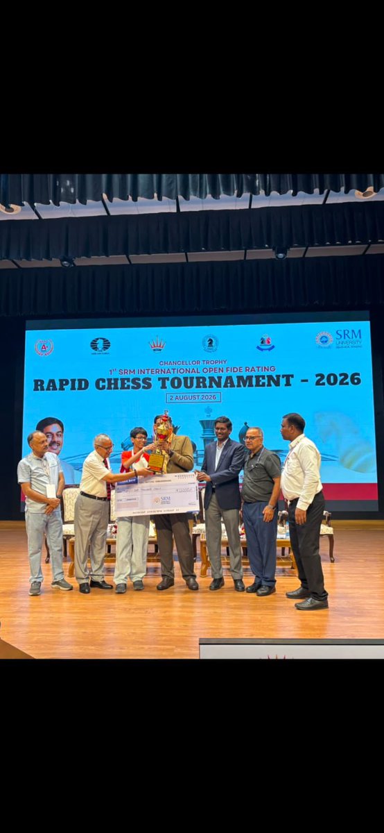 romi1238's tweet photo. Delighted to share that Rosh has emerged as the Champion of the 1st SRM International FIDE Rapid Rating Chess Tournament 2026, which concluded today. He scored an impressive 8 out of 9 points to clinch the title along with the cash prize of ₹21,000. https://t.co/5qEgubtcHF
