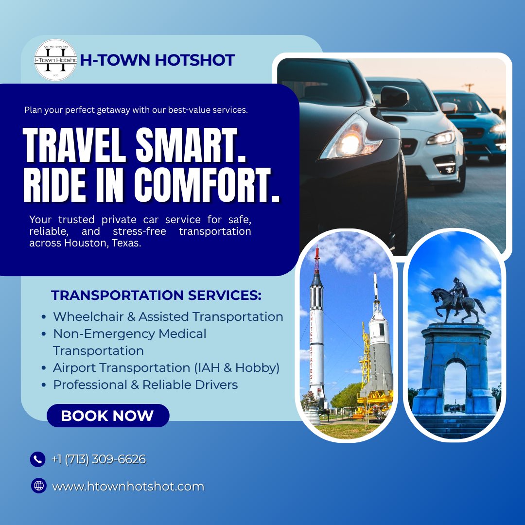 HtownHotshot's tweet photo. Travel smart. Ride in comfort with H-Town Hotshot! Whether you need airport transportation, wheelchair and assisted transportation, non-emergency medical transportation, or a reliable ride around Houston, Texas, we’re here to get you there safely and comfortably.

#houston https://t.co/7RuUOZeLQV