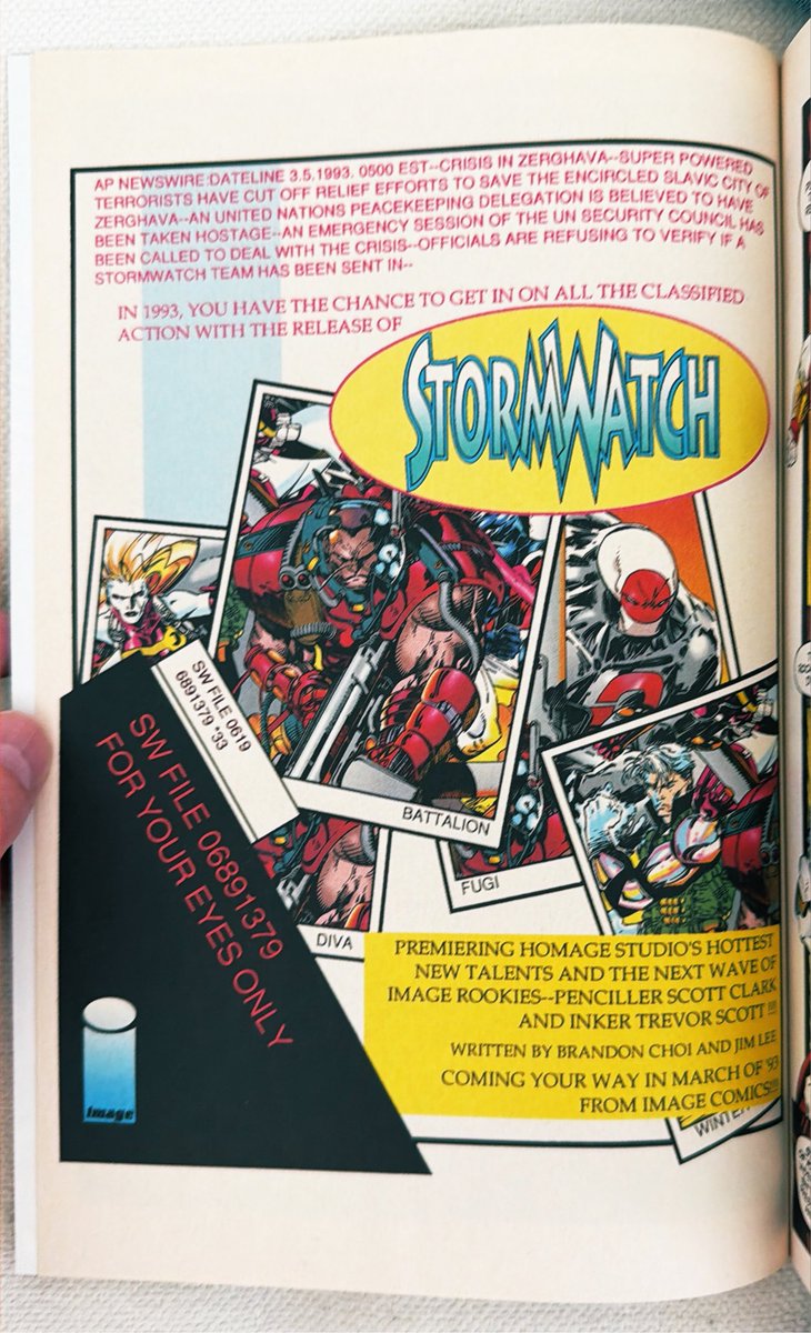 rholmes0520's tweet photo. From WildCATS #3 this ad for the incoming title Stormwatch! Featuring the artwork of two Image newcomers, Scott Clark and Trevor Scott! #Wildstorm #Stormwatch ##comics https://t.co/WxenLe26Rc