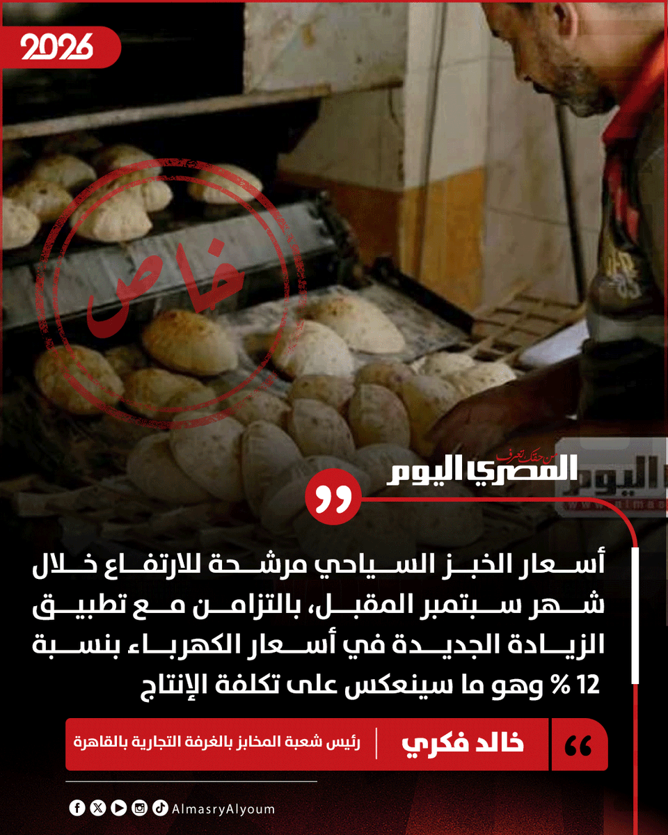 AlMasryAlYoum's tweet photo. رئيس شعبة المخابز لـ«المصري اليوم» : أسعار الخبز السياحي مرشحة للارتفاع خلال شهر سبتمبر المقبل https://t.co/6GtYNLj5a7