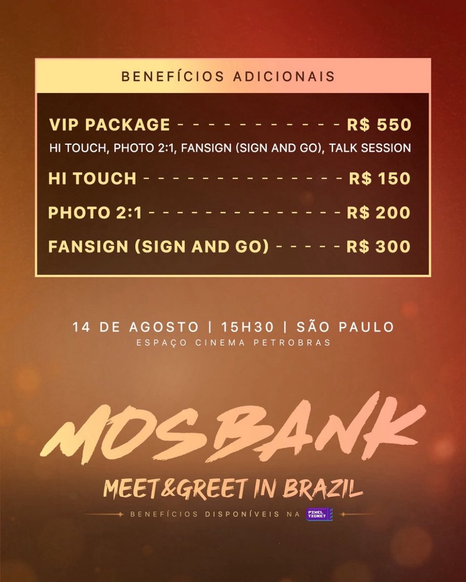 sojuboyslove's tweet photo. 🇧🇷 ELES ESTÃO DE VOLTA! #MosBank retorna ao Brasil para um novo Meet & Greet em São Paulo no dia 14 de agosto.

🎟️ Os benefícios adicionais para o MOSBANK Meet & Greet in Brazil já estão disponíveis!

Confira os valores:
🤝 Hi Touch — R$ 150
📸 Foto 2:1 — R$ 200
✍️ Fansign (Sign and Go) — R$ 300
⭐ VIP Package — R$ 550 (inclui Hi Touch, Foto 2:1, Fansign e Talk Session)

📅 14 de agosto
🕞 15h30
📍 Espaço Cinema Petrobras – São Paulo

🎫 Os benefícios podem ser adquiridos pela https://t.co/dlw3bPynOD

+infos: @gigmusicoficial @NPBLStudiosEnt