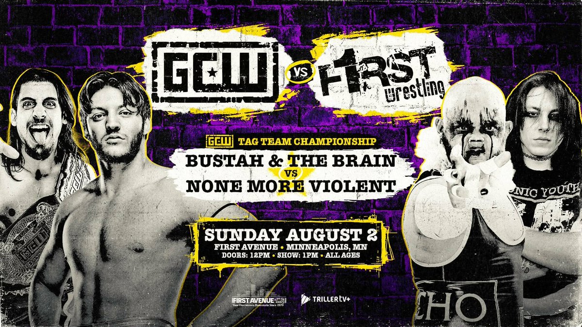 GCWrestling_'s tweet photo. *Today 1PM CT/2PM ET*

GCW and @f1rstwrestling go head to head LIVE from First Ave in Minneapolis!

ATTICUS vs CANNON
SHOTZI BLACKHEART vs ALLIE KATCH
MATHERS vs MONROE
BUSTAH &amp; BRAIN vs NMV
and more!

Watch #GCWvsF1rst LIVE on @Triller_TV+ https://t.co/VxigRHWYbk