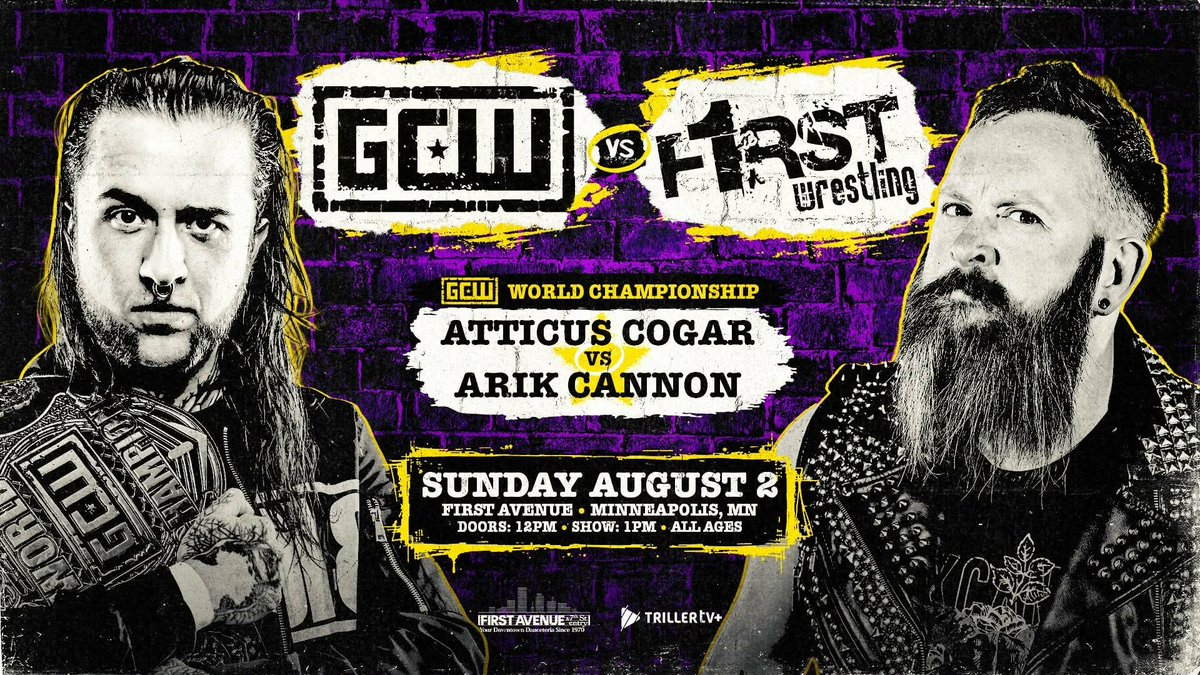 GCWrestling_'s tweet photo. *Today 1PM CT/2PM ET*

GCW and @f1rstwrestling go head to head LIVE from First Ave in Minneapolis!

ATTICUS vs CANNON
SHOTZI BLACKHEART vs ALLIE KATCH
MATHERS vs MONROE
BUSTAH &amp; BRAIN vs NMV
and more!

Watch #GCWvsF1rst LIVE on @Triller_TV+ https://t.co/VxigRHWYbk