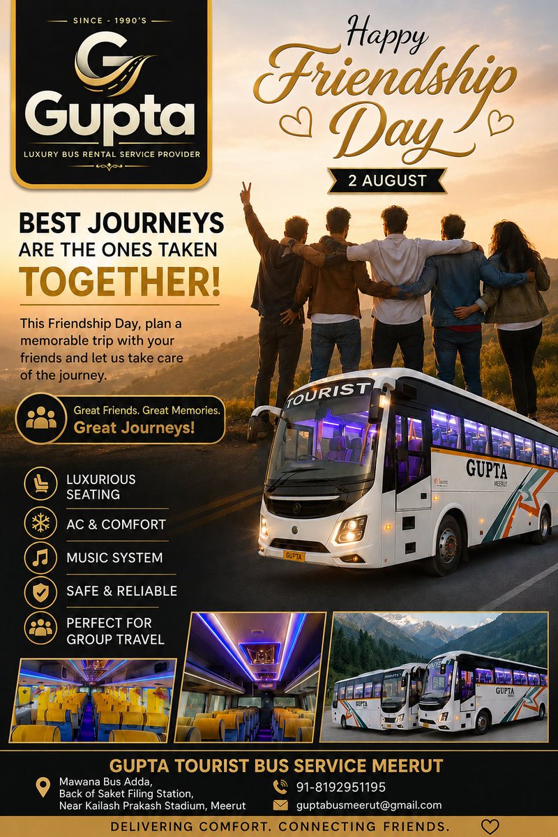 GuptaBusMeerut's tweet photo. 🌸 Happy Friendship Day 2026! 🌸

True friendships make every journey more memorable. Whether you're planning a trip with your best friends, a reunion, or a weekend getaway, Gupta Tourist Bus Service Meerut is here to make your travel safe, comfortable, and enjoyable.

#Meerut https://t.co/koo8qIZDh3