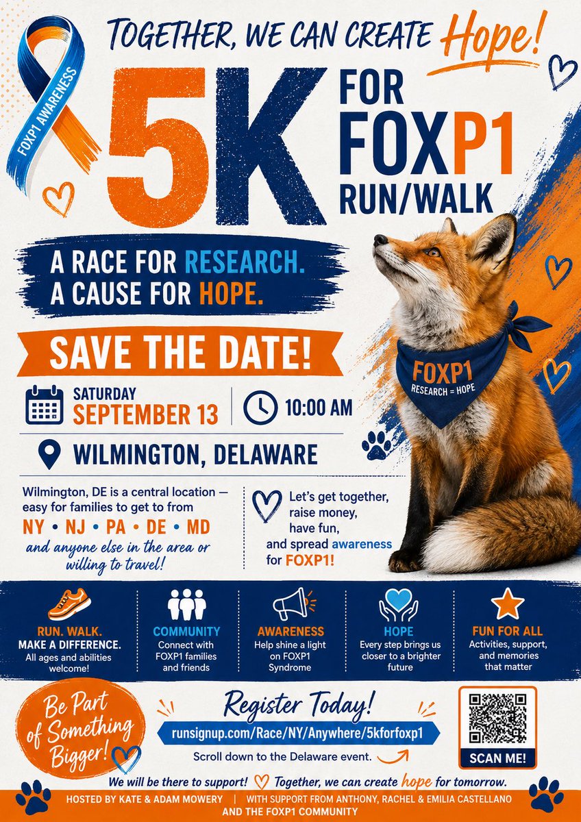 TonyTomato22's tweet photo. Calling all FOXP1 families &amp; supporters! 🦊💙 Join us for a FOXP1 Run/Walk to raise awareness, support research, and bring our community together. If you’re nearby, we’d love to see you there! 💙
#FOXP1 #RareDisease #RareDiseaseAwareness https://t.co/qISDBQyGyu