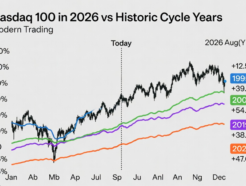 GJedwab's tweet photo. The market always rhymes, it never copies.
Nasdaq 100 in 2026 is tracking the exact same mid-year shape as these 4 historic years. Here’s what actually happened and why the pattern matters right now:
1. 1995 (+39.9%)
Fed paused after aggressive hikes. Tech had a sharp July shakeout on “overvaluation” fears. Once the noise faded, the second half went vertical.
2. 2009 (+54.7%)
Post-crisis, everything was hated. Oil spiked, banks looked broken. The index dipped mid-year then never looked back as the recovery narrative took hold.
3. 2019 (+38.0%)
Trade-war headlines dominated. Multiple 5-8% pullbacks. The moment policy clarity returned, the year closed with one of the strongest H2s of the decade.
4. 2020 (+47.6%)
March crash → V-shaped recovery. Same mid-year hesitation, same late-year melt-up once the path forward became obvious.

Common thread: Every single one of these years had a mid-year “this time is different” scare. In all four cases the scare was temporary and the second half delivered.2026 is sitting in the exact same spot on the chart right https://t.co/bfHsfsEKx4 me “CYCLE” and I’ll send you the full overlay + the exact levels I’m watching for the next leg.