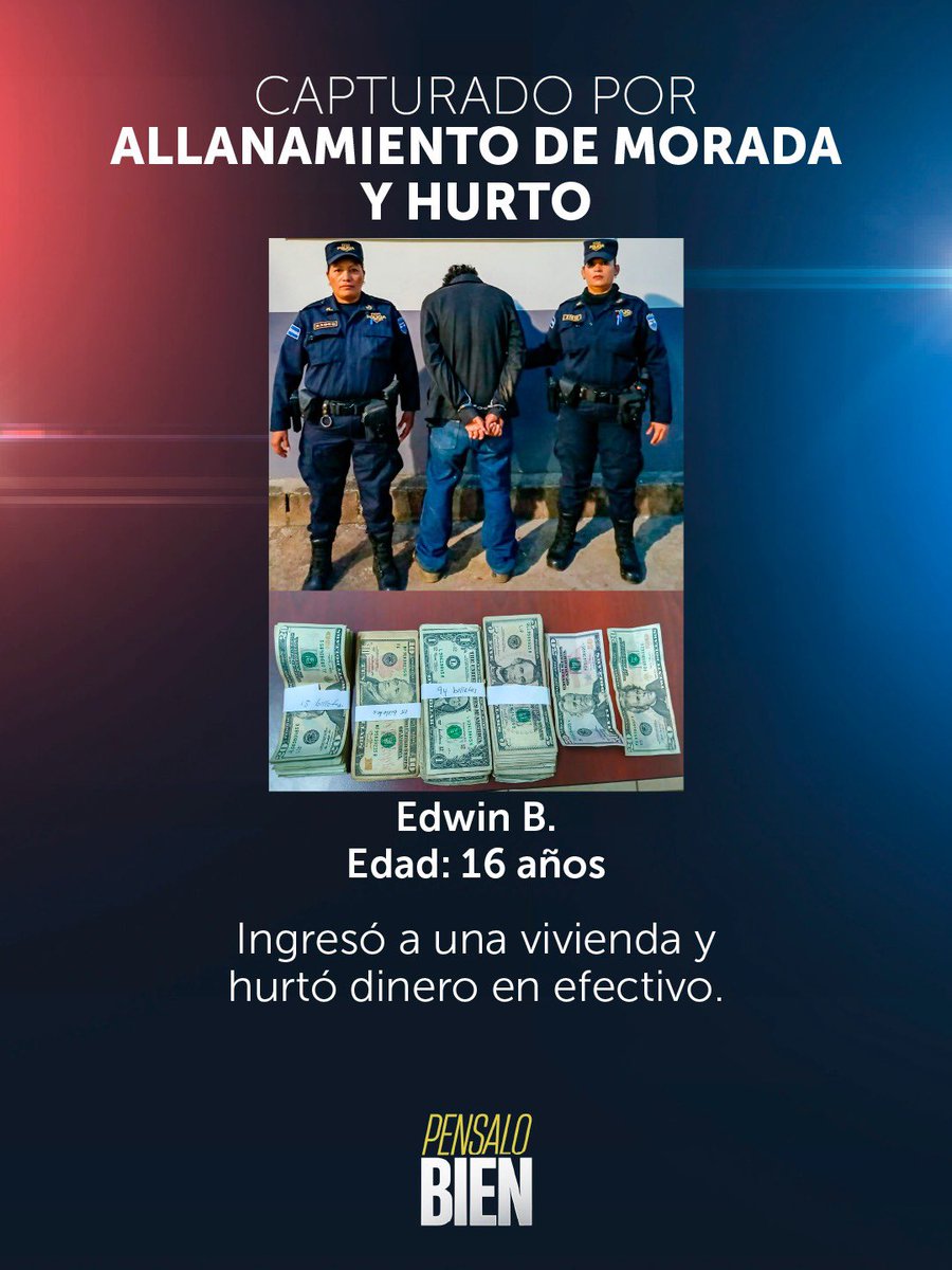 endesarrollo_sv's tweet photo. Un adolescente de 16 años fue detenido por la PNC, acusado de ingresar a una vivienda, en Chalchuapa, y hurtar dinero.
Fue sorprendido en el interior de la casa. A pesar de que escapó, fue ubicado y capturado.
Será procesado por allanamiento de morada y hurto. https://t.co/Un0XjJGDl5