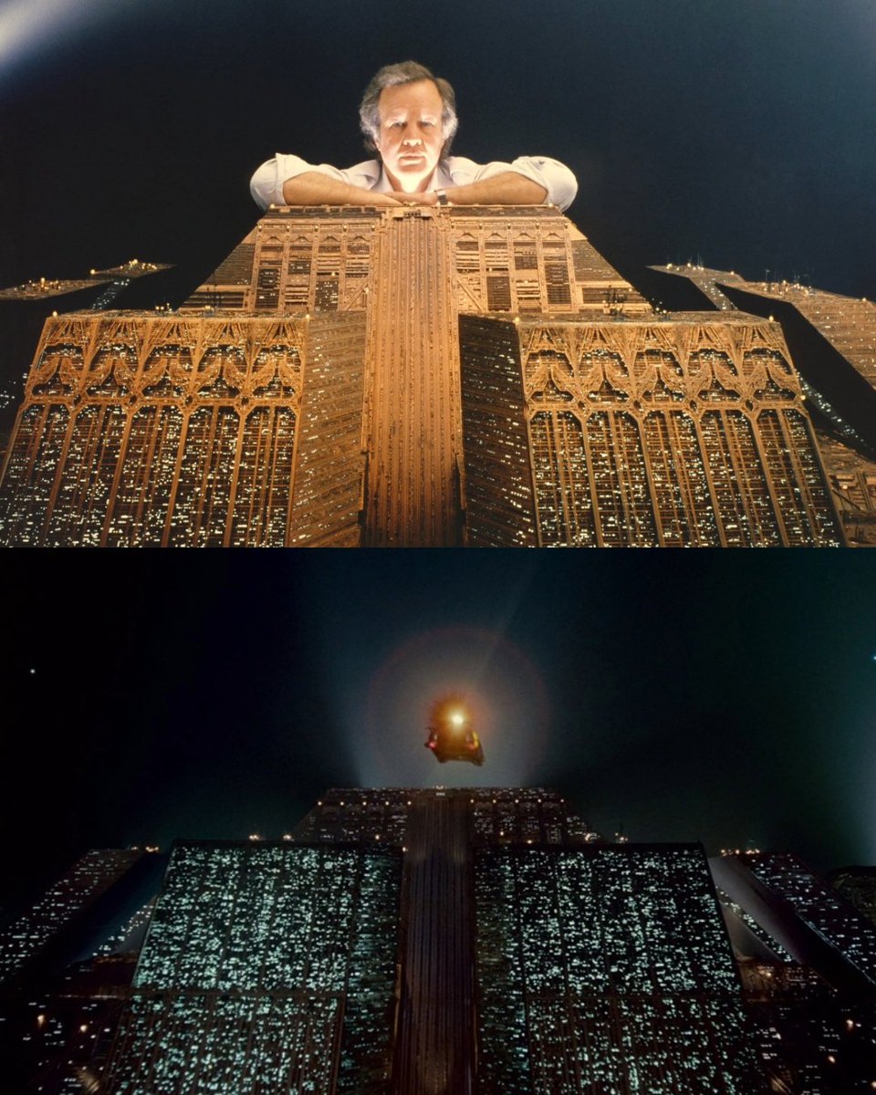 scifried's tweet photo. Tyrell Corp headquarters in Blade Runner (1982): behind the scenes vs the final film version https://t.co/S5JCPt6LlZ