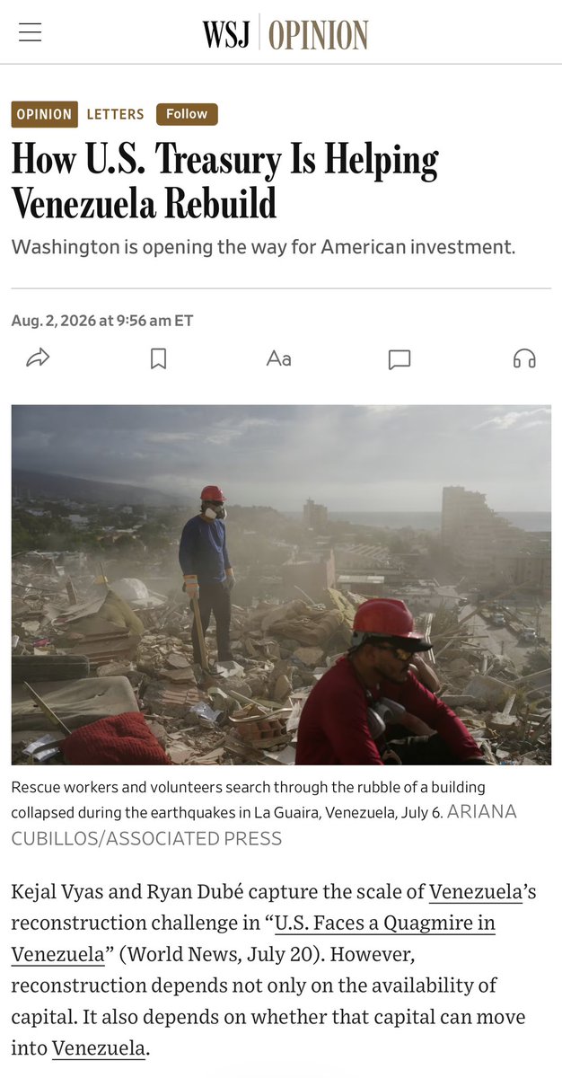 JraissatiJorge's tweet photo. Hoy publiqué en el Wall Street Journal (@WSJ) un artículo explicando cómo el @USTreasury está ayudando a crear las condiciones financieras necesarias para la reconstrucción económica de Venezuela.

El 27 de julio, el Departamento del Tesoro adoptó una nueva política para ofrecer mayor certeza regulatoria a las instituciones financieras estadounidenses que procesen operaciones autorizadas relacionadas con Venezuela.

La medida busca resolver un problema financiero conocido como “de-risking.” El hecho de que incluso cuando una transacción está expresamente autorizada por la OFAC, muchos bancos se niegan a procesarla debido al riesgo regulatorio que todavía asocian con Venezuela.

Esta situación limita nuestra capacidad para atraer inversiones, financiar proyectos, procesar pagos internacionales y facilitar el comercio. 

El resolver estos problemas financieros es clave porque la reconstrucción de Venezuela no depende únicamente de la existencia de capital dispuesto a invertir, sino también de nuestra capacidad para restablecer los canales financieros que permitan movilizar ese capital hacia nuestro país.