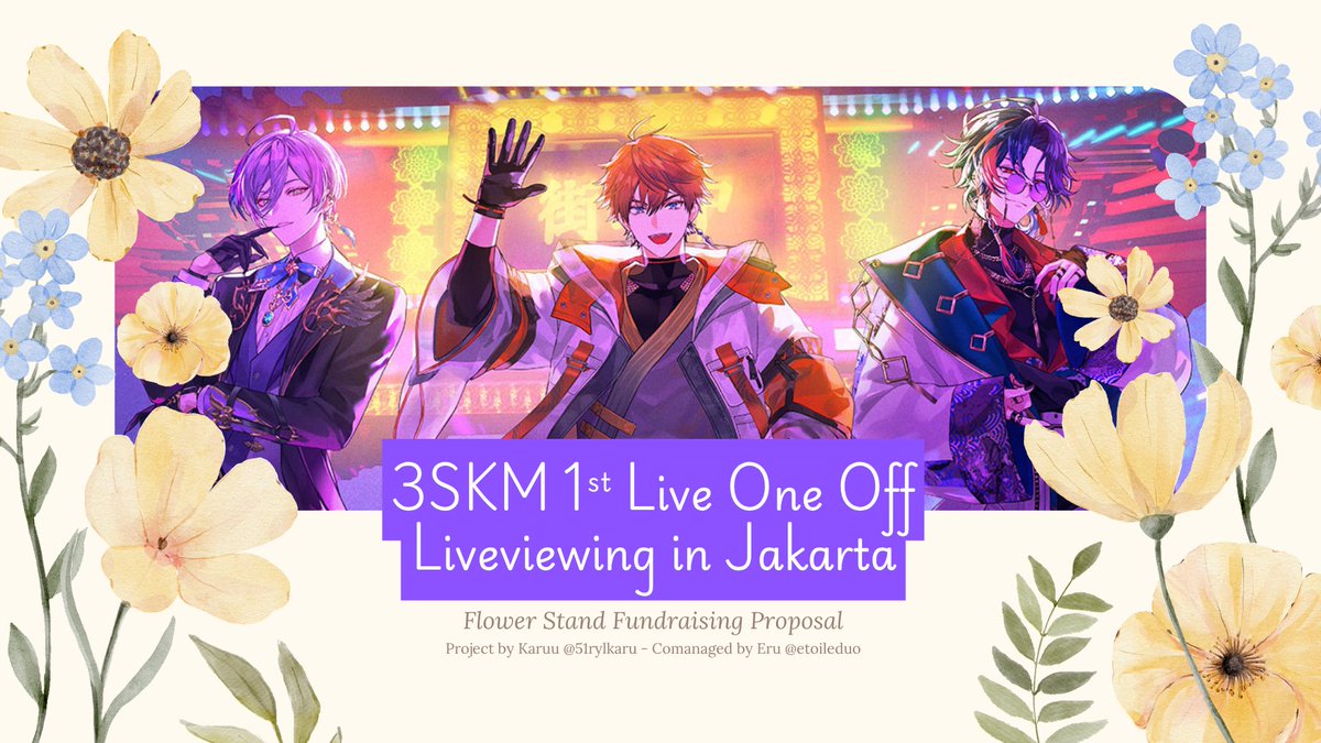 51Rylkaru's tweet photo. 🟪🟧🟩  𝟛𝕊𝕂𝕄 𝕆𝕟𝕖-𝕆𝕗𝕗  🟪🟧🟩   

It's the first official Nijisanji concert live viewing in Indonesia! let's hype it up✨

To celebrate 3SKM 1st Live, we’re opening a flower stand fundraising project💐 

More details below 👇🏻 https://t.co/HWvDSQzlad