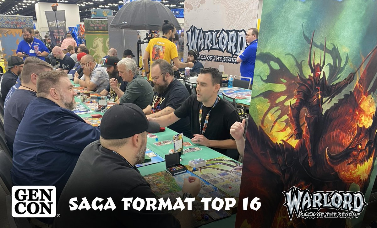 WarlordCCG's tweet photo. The Saga Constructed Gen Con Championship Top 16 is underway!

Following two grueling sold out Swiss events on Friday and Saturday, the Top 8 players from both events have arrived on the fields of battle to declare one Warlord the Gen Con champion!

Below is the Warlord spread:

Archivist Myrina (Cleric) 2
Archivist Myrina (Fighter) 1
Church Enforcer Tancred 2
Kurak Stonejaw 1
Mair Haven 4
Warboss Azkhal 6

Good luck to all!

Livestream: https://t.co/GkP0RVmXXD