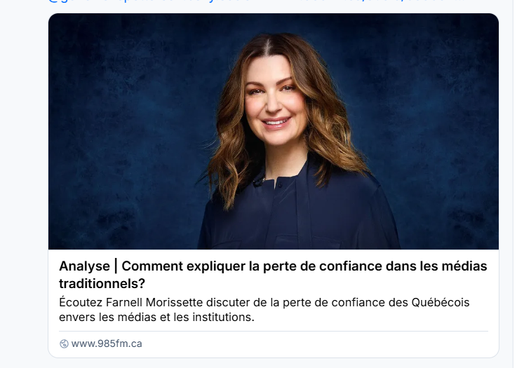 mbockcote's tweet photo. Réflexion à la suite de mon précédent tweet.

Geneviève Pettersen se demandait en 2024 pourquoi certains ne font plus confiance aux "médias traditionnels".

Hypothèse : le fait qu'une figure médiatique classique confesse taire une information importante dans le récit d'une situation pour ne pas troubler le récit de la diversité heureuse contribue peut-être à cette perte de confiance.

Censurer une information importante, de peur qu'elle suscite une réaction indésirée dans la population, n'est-ce pas de la désinformation?