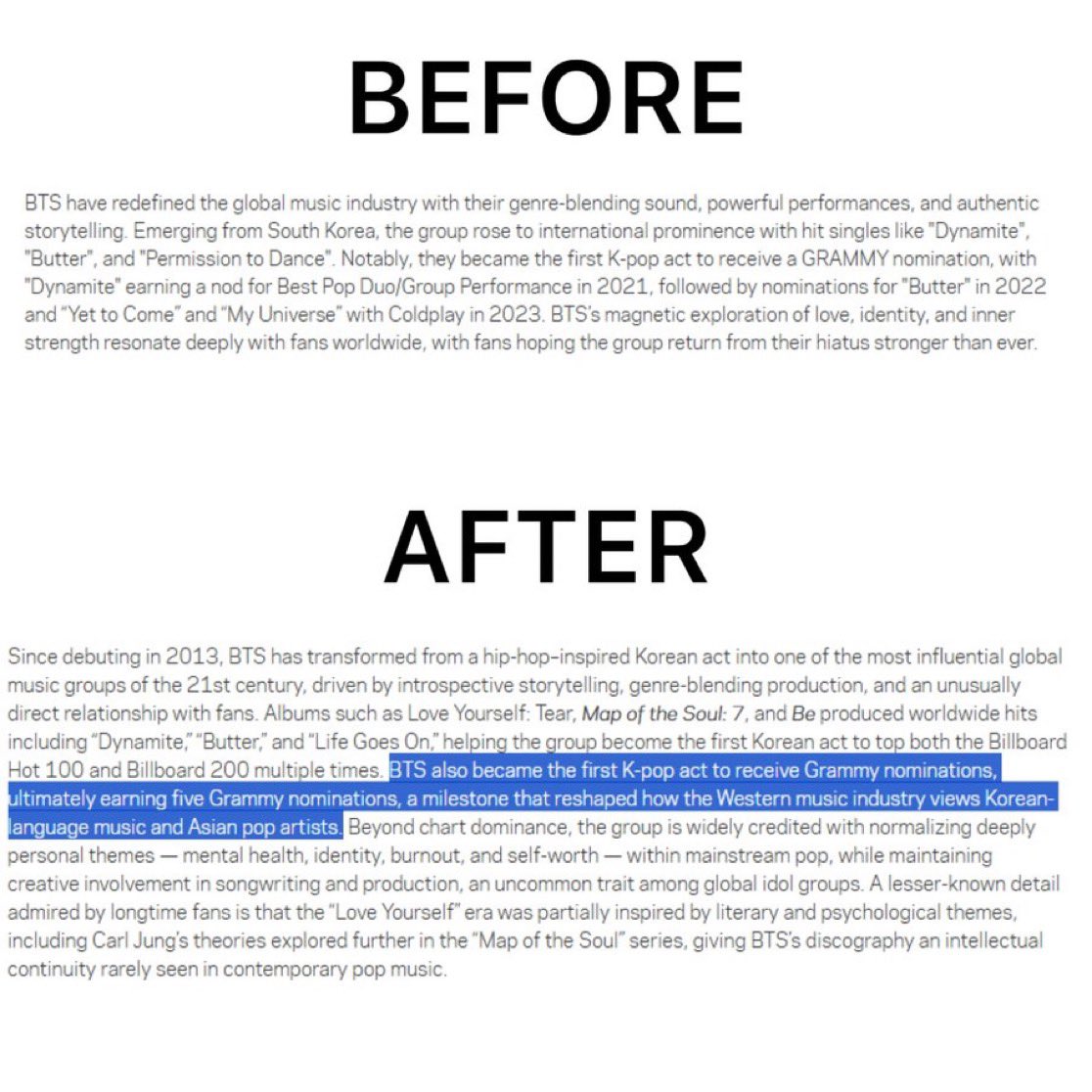 thveard's tweet photo. cada día PEOR, mayo de 2026, los Grammy actualizaron la biografía de BTS y los etiquetaron como “artistas de pop asiático”, confirmando lo ya dicho: que la categoría fue creada para mantenerlos fuera de las categorías principales, pese a su impacto global. esto es demasiado repugnante @RecordingAcad