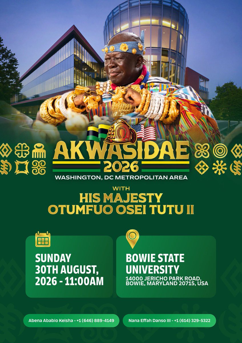 Asante_nation's tweet photo. AKWASIDAE IN WASHINGTON DC 👑 🌍

The Golden King crosses the Atlantic once again.
The spirit of Akwasidae will resonate in the Washington, DC Metropolitan Area as His Majesty Otumfuo Osei Tutu II joins Asanteman citizens, Africans in the diaspora and the world in a grand celebration of culture, tradition, and unity.

From the heart of Kumasi to the United States, this gathering is a testament to the enduring strength of Asante heritage and the unbreakable bond among Africans across the world.

Sunday, 30th August at Bowie State University, Maryland.

IT’S FREE FOR ALL…….!