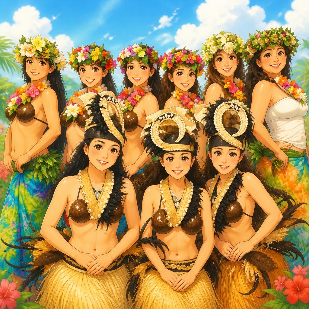 pirolin747's tweet photo. 夏まつりでタヒチアン踊ってきた🌺街を挙げてのお祭りなので、オーディエンスが多くて、踊ってる方も盛り上がった！
イラスト生成したものを。雰囲気伝わるかしら？わたしはダヴィンチ痕が気になるため、キャミで勘弁してもらってます。
踊ってる間に男バレメダル逃してた😭でも強くなった！！ https://t.co/zcX5BHrHyZ