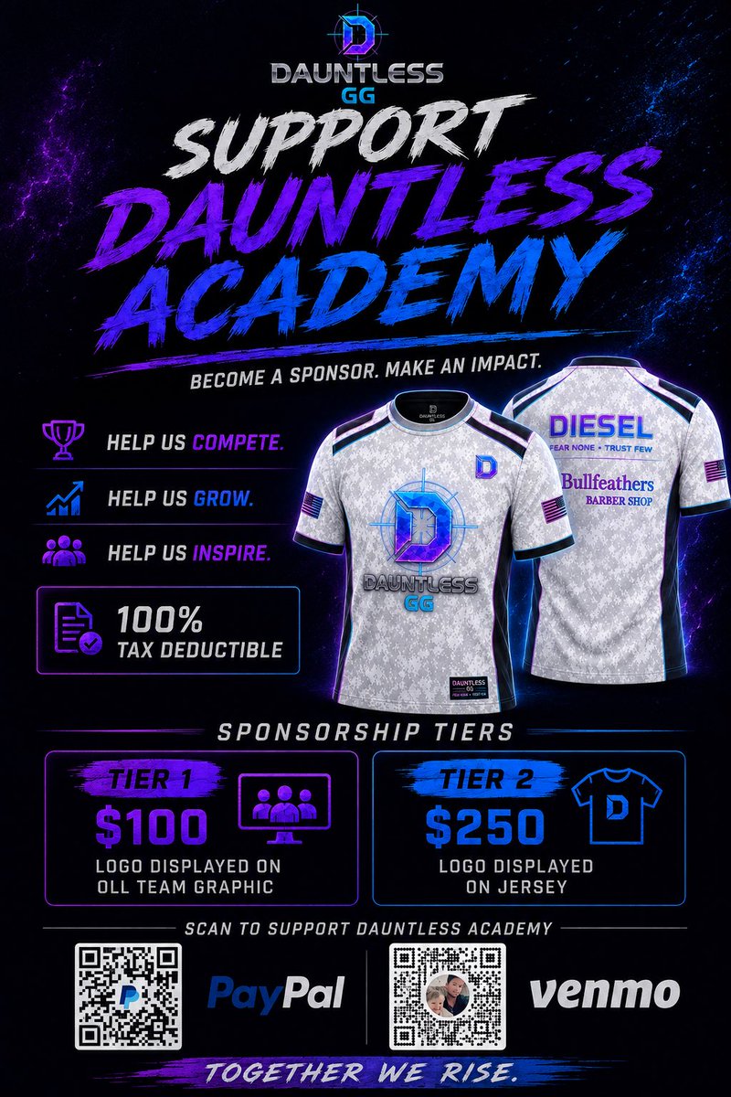 DauntlessGG's tweet photo. 💥Please help support our Dauntless Academy team!! 💥

Our boys are currently undefeated in league play, and looking to continue to make a name for themselves . 

Be apart of the movement and promote your own business! 🔥 https://t.co/TLLv4rje3G