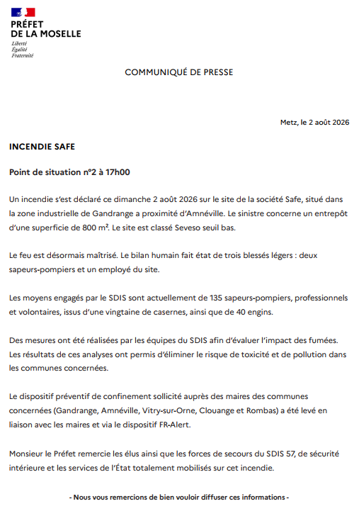 Image de Préfet de la Moselle - #information #ACTUALISATION | L'incendie qui s'est déclaré ce dimanche 02 août 2026 sur le site SAFE