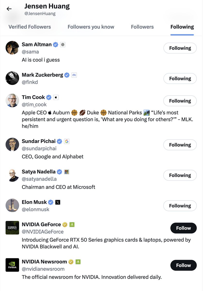 GeorgeBolyki's tweet photo. I like that on X you can see the chronological list of who a person followed. After GeForce accounts, Jensen followed his true, first ally. Elon. https://t.co/UlqQ4i7zjy