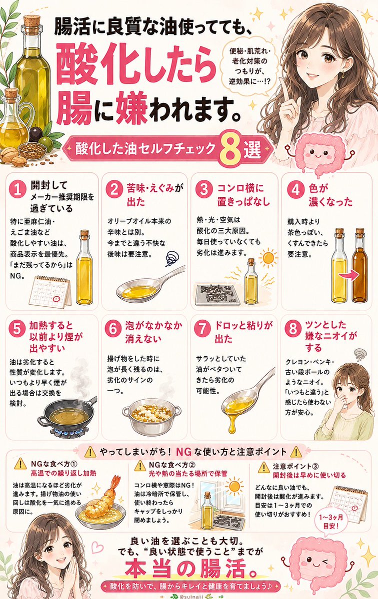 suinail's tweet photo. 腸活に良質な油使って安心はまだ早い。酸化してたら腸に嫌われます。

そのままだと便秘・肌荒れ・老化対策のつもりで逆効果。

その油、まだ使える？

酸化した油セルフチェック8選👇 https://t.co/pQuo5vb98Z