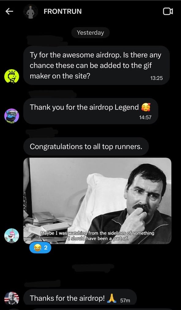 babyboyforshow's tweet photo. The first set of airdrops are out and the holders gc is loving it.

There’s so much more to come 
This is how we @frontrunnft https://t.co/LA5ODTnr1i