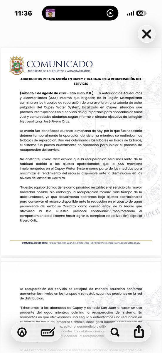RepJorgeNavarro's tweet photo. Saludos.

Nos encontramos en la Planta de Filtración Sergio Cuevas, ubicada en el Expreso de Trujillo Alto, buscando respuestas sobre la falta de servicio de agua que afecta a las comunidades de Cupey Alto, Cupey Bajo, Fairview y otras áreas de Cupey.

Inicialmente se nos informó que existía una avería en una tubería de esta planta. Posteriormente, la Autoridad de Acueductos y Alcantarillados emitió un comunicado indicando que la situación había sido corregida y que el sistema estaba operando con normalidad. Sin embargo, la realidad es otra: el agua continúa sin llegar a las residencias y no hay una explicación clara para los ciudadanos.

Junto al alcalde Miguel Romero hemos solicitado una acción inmediata y una respuesta transparente. Los residentes merecen saber qué está ocurriendo y cuándo se restablecerá el servicio de manera efectiva.

Espero que esto no se trate de un racionamiento sin previo aviso o de mantener cerradas las válvulas, impidiendo que el agua llegue a los hogares. La ciudadanía merece respeto, información veraz y soluciones, no silencio.

Continuaremos fiscalizando y exigiendo respuestas hasta que el servicio sea restablecido para todos.