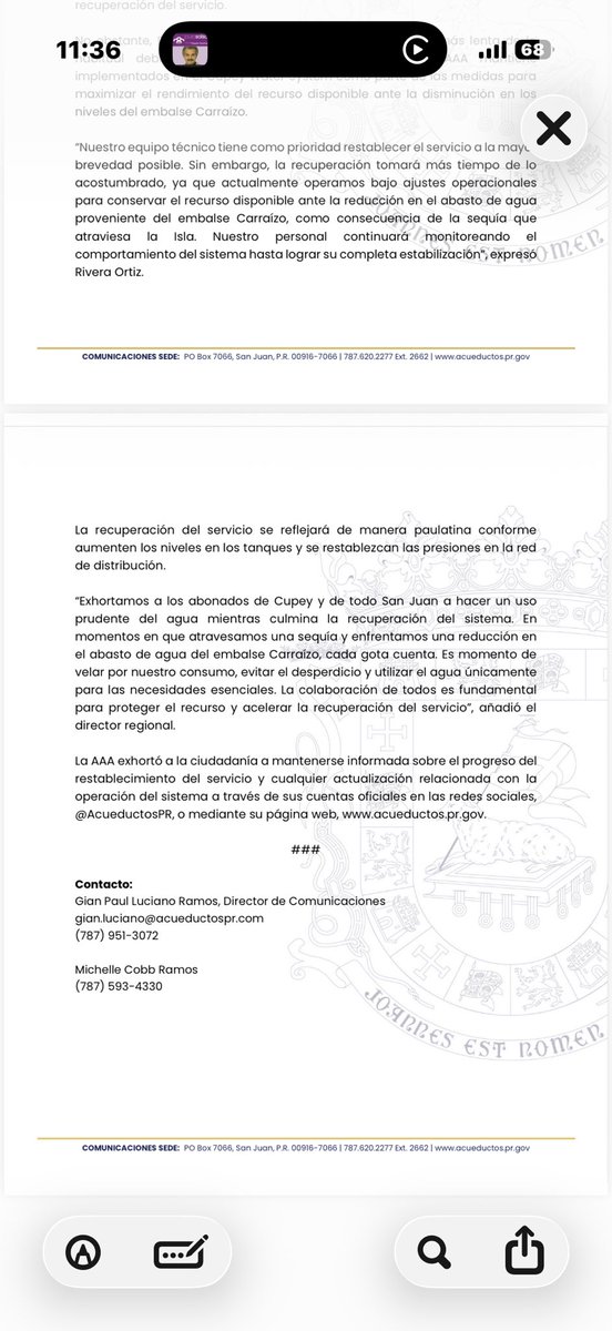 RepJorgeNavarro's tweet photo. Saludos.

Nos encontramos en la Planta de Filtración Sergio Cuevas, ubicada en el Expreso de Trujillo Alto, buscando respuestas sobre la falta de servicio de agua que afecta a las comunidades de Cupey Alto, Cupey Bajo, Fairview y otras áreas de Cupey.

Inicialmente se nos informó que existía una avería en una tubería de esta planta. Posteriormente, la Autoridad de Acueductos y Alcantarillados emitió un comunicado indicando que la situación había sido corregida y que el sistema estaba operando con normalidad. Sin embargo, la realidad es otra: el agua continúa sin llegar a las residencias y no hay una explicación clara para los ciudadanos.

Junto al alcalde Miguel Romero hemos solicitado una acción inmediata y una respuesta transparente. Los residentes merecen saber qué está ocurriendo y cuándo se restablecerá el servicio de manera efectiva.

Espero que esto no se trate de un racionamiento sin previo aviso o de mantener cerradas las válvulas, impidiendo que el agua llegue a los hogares. La ciudadanía merece respeto, información veraz y soluciones, no silencio.

Continuaremos fiscalizando y exigiendo respuestas hasta que el servicio sea restablecido para todos.