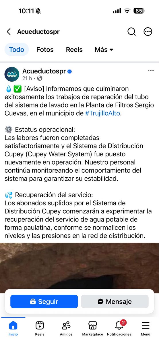 RepJorgeNavarro's tweet photo. Saludos.

Nos encontramos en la Planta de Filtración Sergio Cuevas, ubicada en el Expreso de Trujillo Alto, buscando respuestas sobre la falta de servicio de agua que afecta a las comunidades de Cupey Alto, Cupey Bajo, Fairview y otras áreas de Cupey.

Inicialmente se nos informó que existía una avería en una tubería de esta planta. Posteriormente, la Autoridad de Acueductos y Alcantarillados emitió un comunicado indicando que la situación había sido corregida y que el sistema estaba operando con normalidad. Sin embargo, la realidad es otra: el agua continúa sin llegar a las residencias y no hay una explicación clara para los ciudadanos.

Junto al alcalde Miguel Romero hemos solicitado una acción inmediata y una respuesta transparente. Los residentes merecen saber qué está ocurriendo y cuándo se restablecerá el servicio de manera efectiva.

Espero que esto no se trate de un racionamiento sin previo aviso o de mantener cerradas las válvulas, impidiendo que el agua llegue a los hogares. La ciudadanía merece respeto, información veraz y soluciones, no silencio.

Continuaremos fiscalizando y exigiendo respuestas hasta que el servicio sea restablecido para todos.